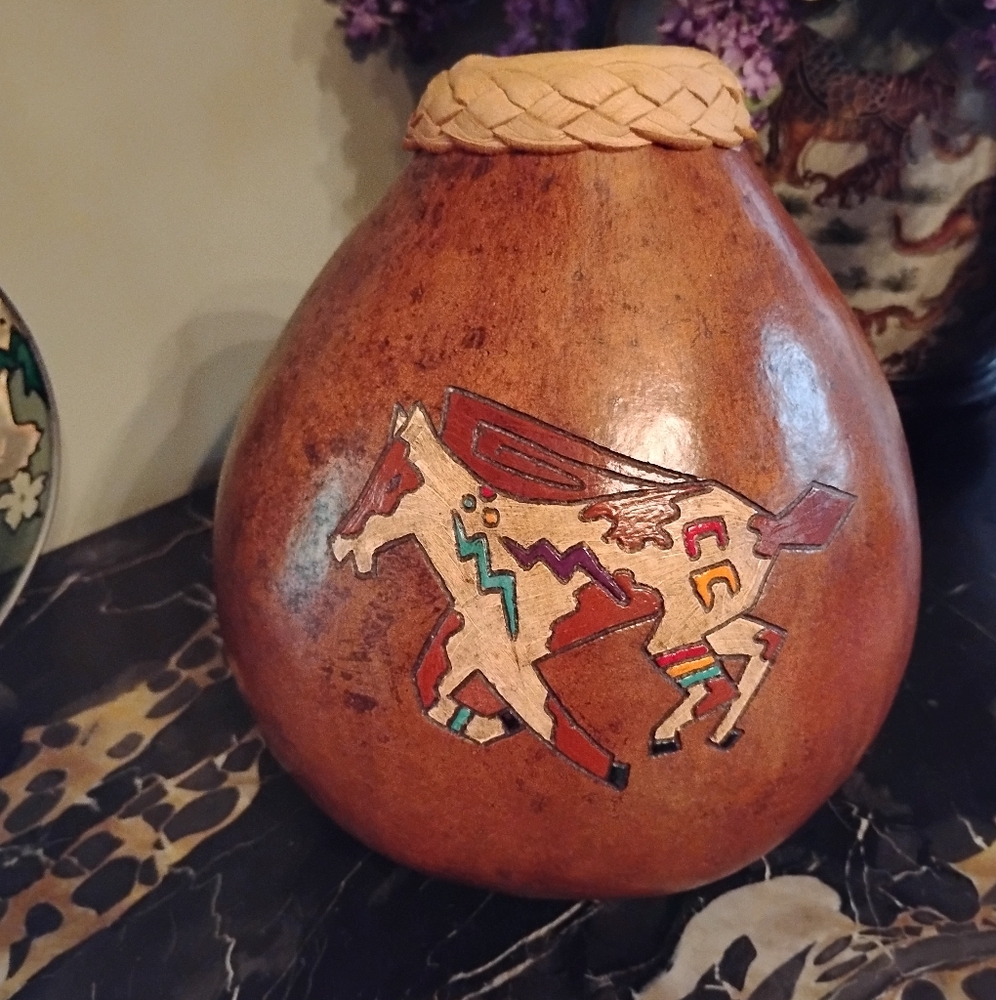 Southwestern Leather Wrapped Carved Gourd Vase Signed D Stowell Fat Pony